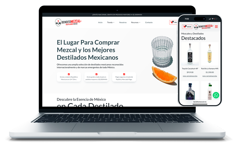 Screenshot de la tienda en línea Bendito Mezcal